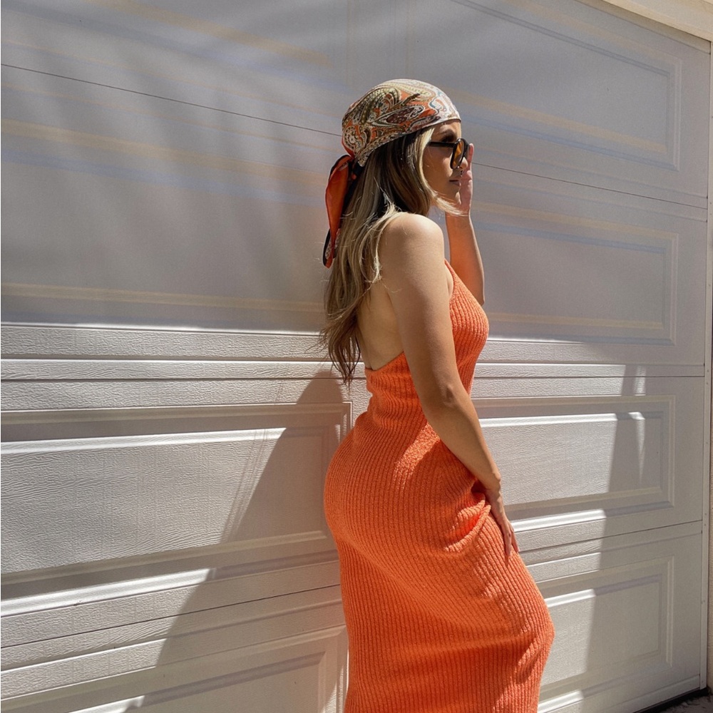 Orange Sleeveless Halter Knit Dress